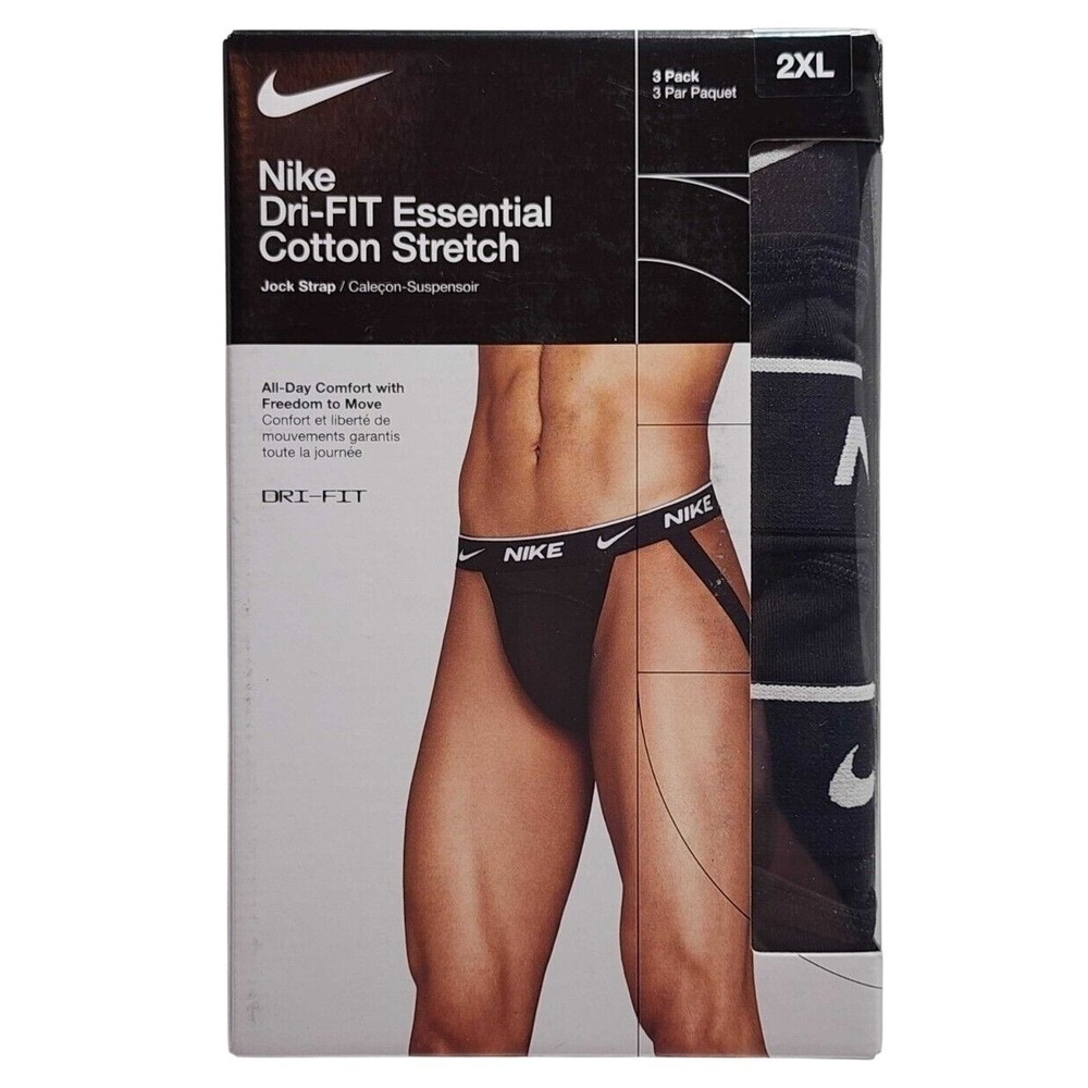 Nike Dri-FIT Essential Cotton Stretch Jock Strap Pack of 3 Men 2XL XXL Black NEW